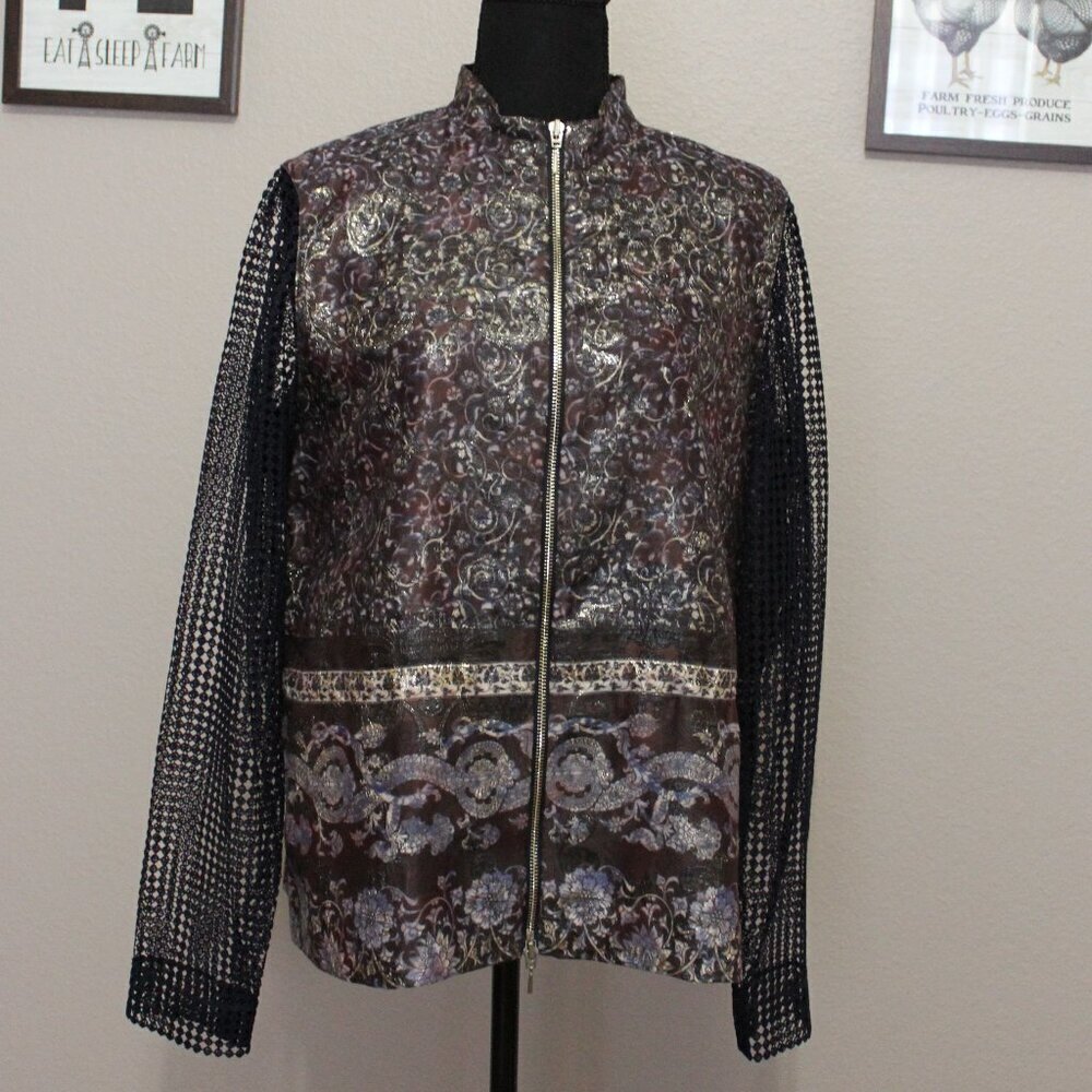 Elie Tahari Womens NWT Orchid Jacket Zip Floral Burgundy Gold Lace Sleeve Size L
